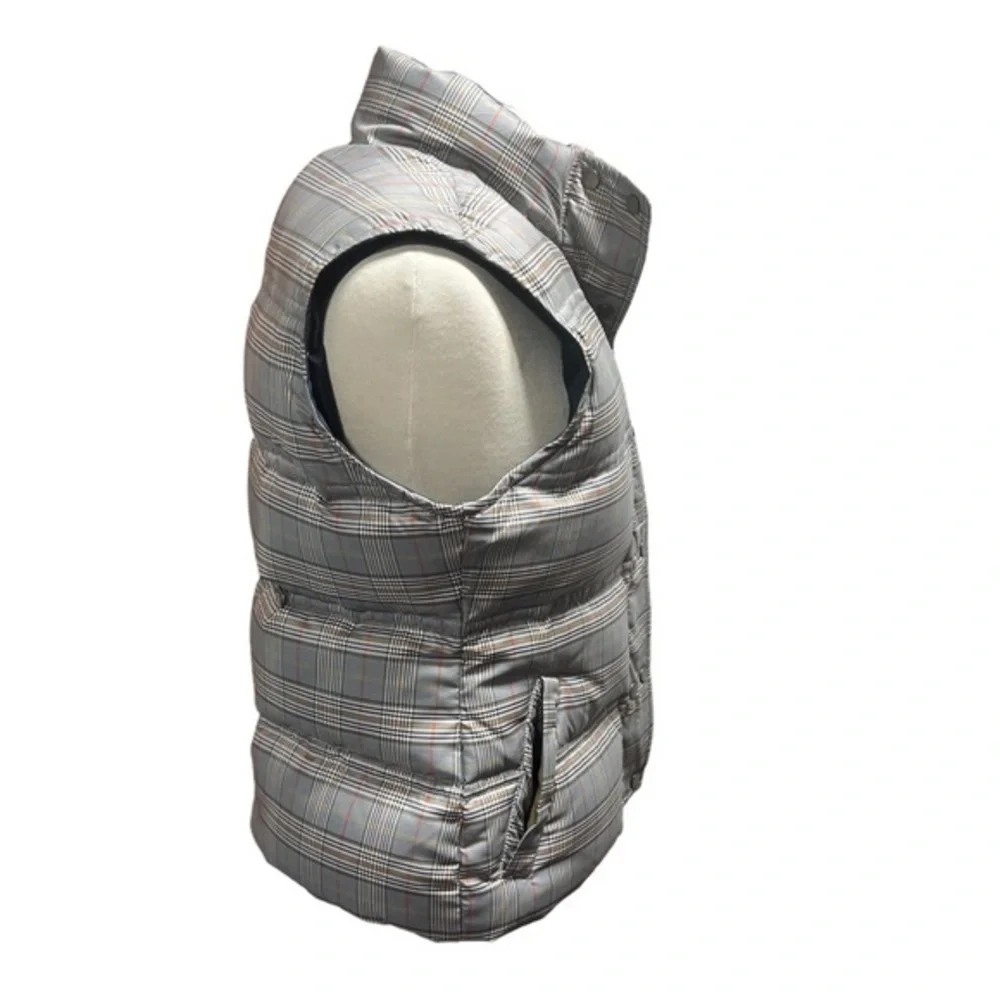 Tommy Hilfiger Grey Plaid Puffer Vest Womens Quilted‎ Zip Snap Front Outerwear